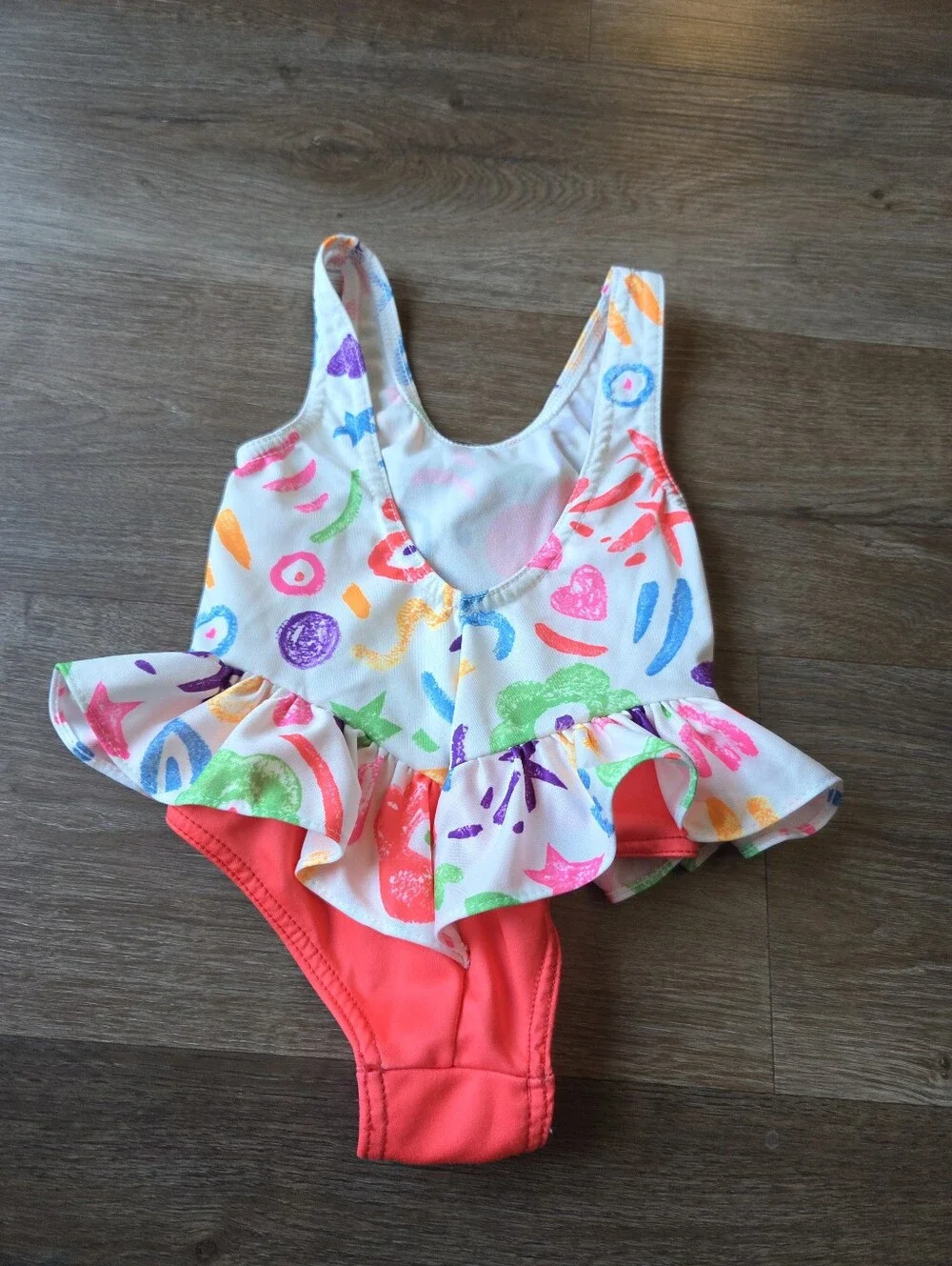 Vintage 90s Neon Flower and Scribbles Print Baby Toddler Girls Swimsuit w/Skirt